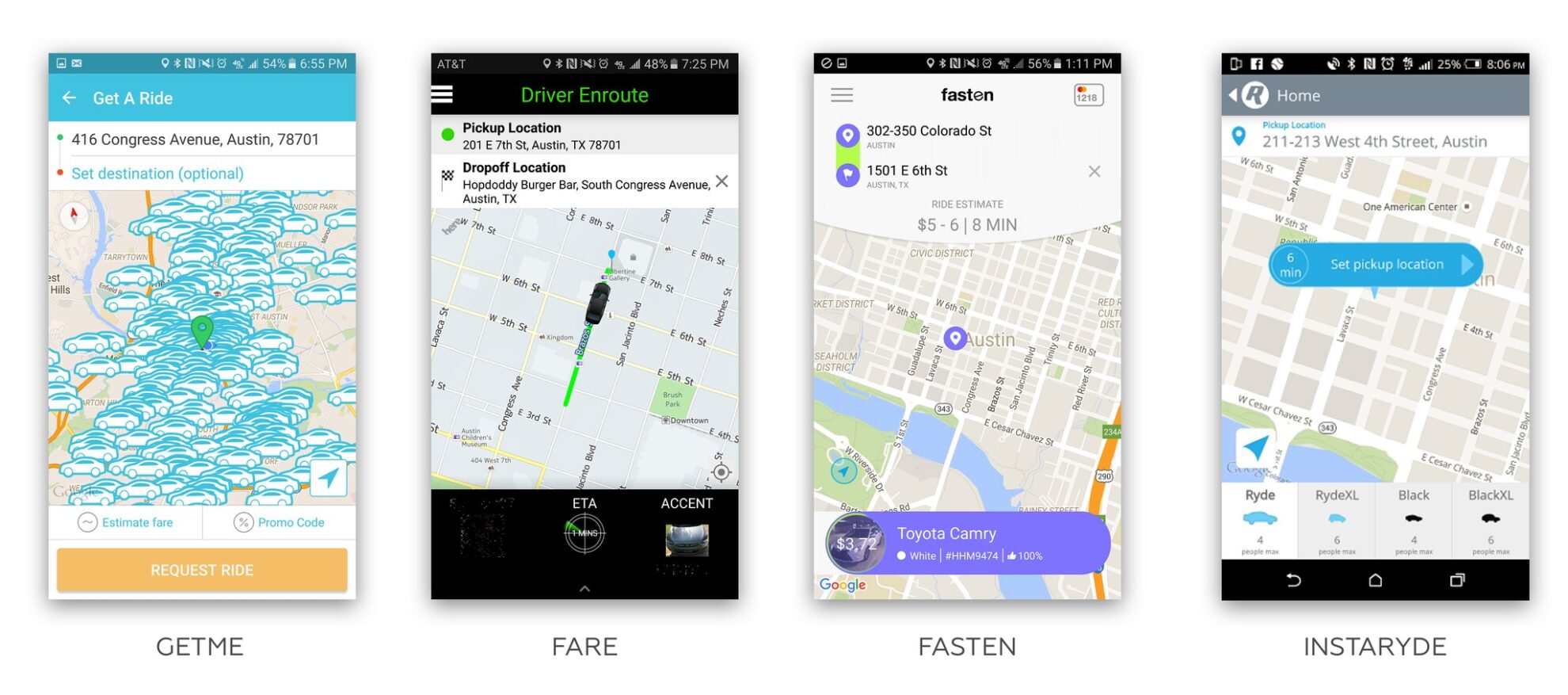 All of the different Austin Rideshare Apps UI's (courtesy of Greta @ Evercar)