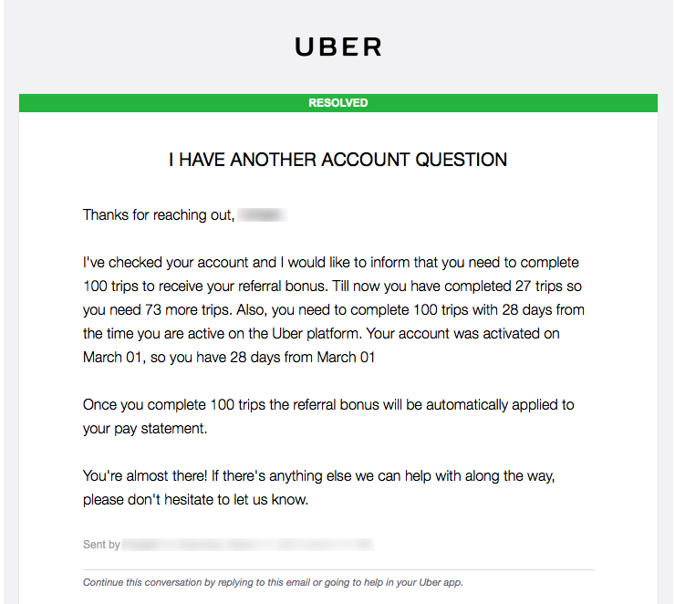 Email from Uber support confusing bonuses with guarantees