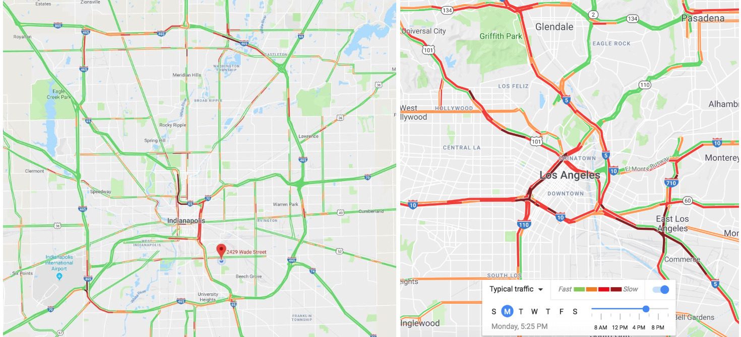 image of Indianapolis traffic on a Monday, 5:30 p.m. vs. Los Angeles traffic at 5:30 p.m. (rush hour).