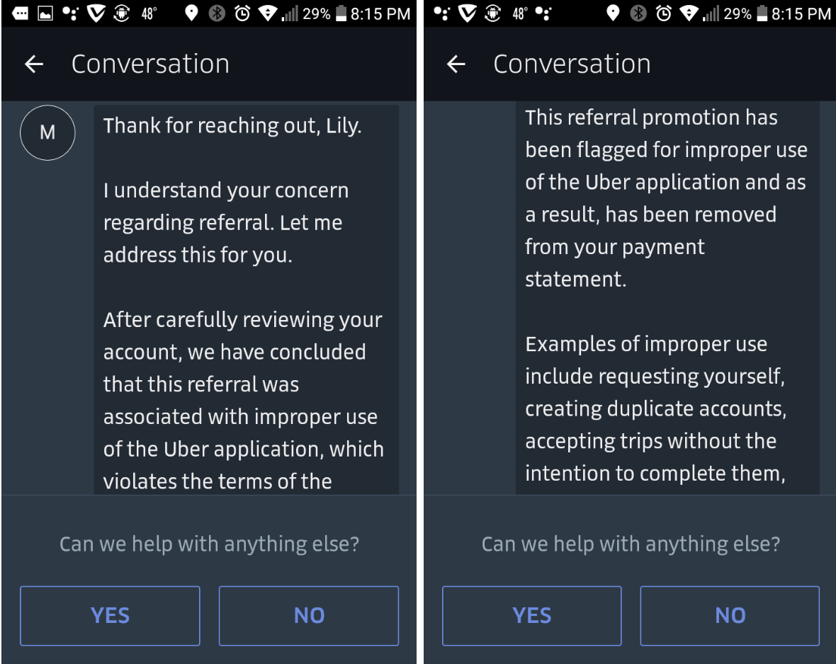 image of Example of Uber not accepting a referral code from RSG reader Lily