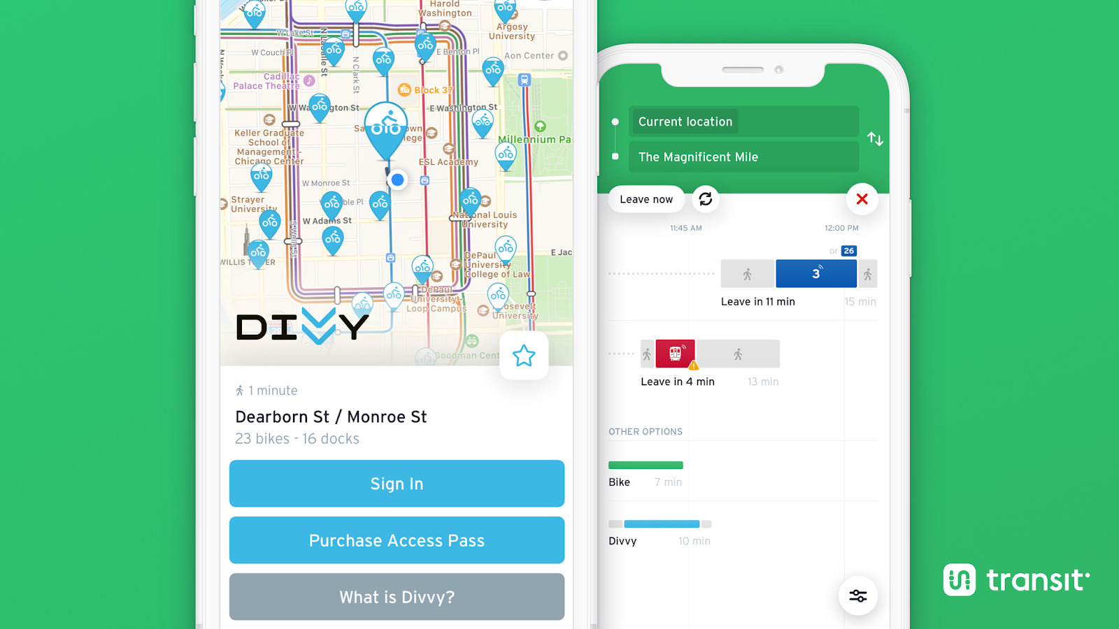 image of Unlocking a Divvy shared bike and trip planning in the Transit app (Chicago)
