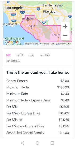 image of Lyft Rate card for drivers in LA