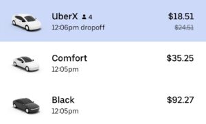 uber comfort cost vs uber x and uber black