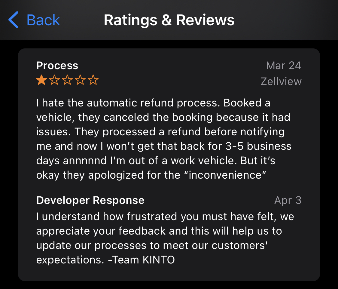 Kinto 1 star customer review