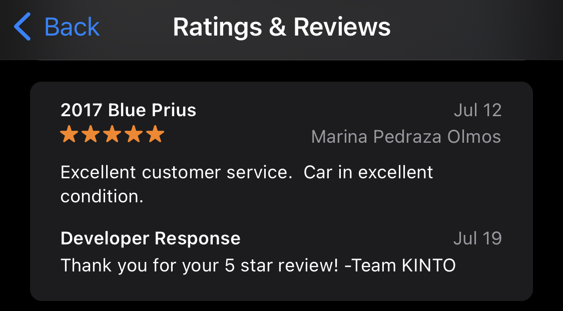 Kinto 5 star customer review
