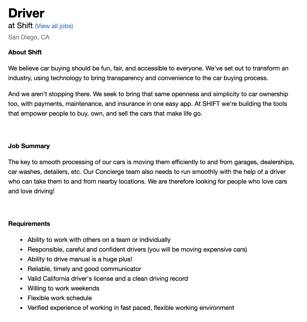 car concierge Shift driver description