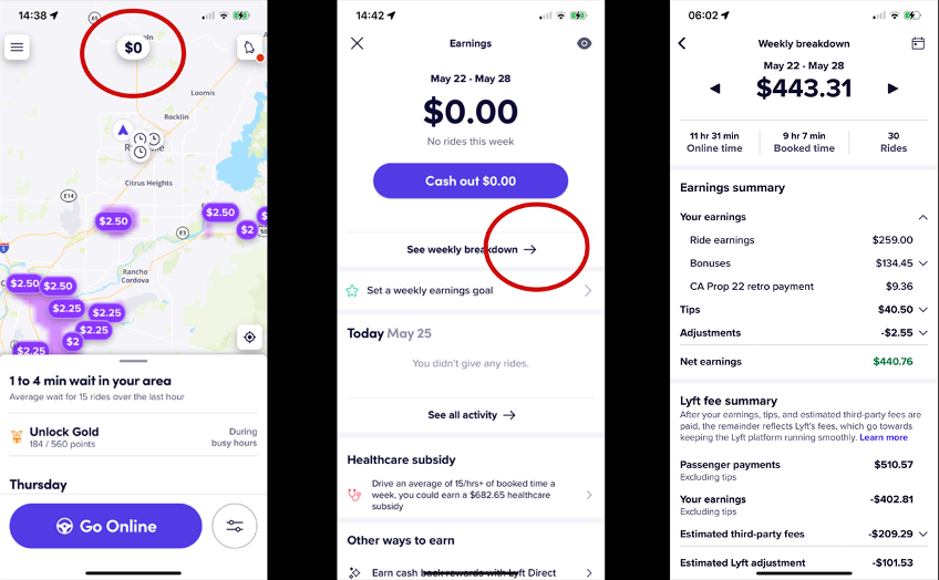 lyft driver app earnings screen