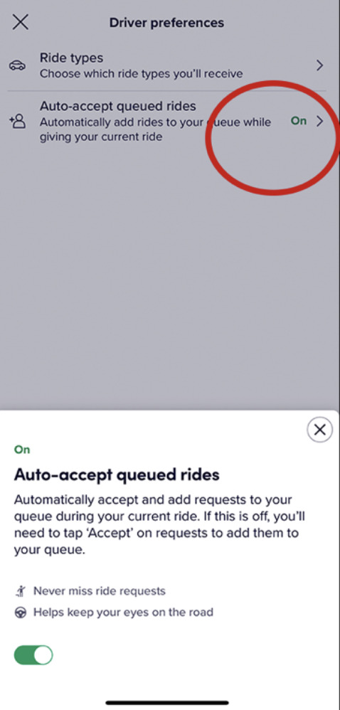 turn on auto accept queued rides in the lyft driver app
