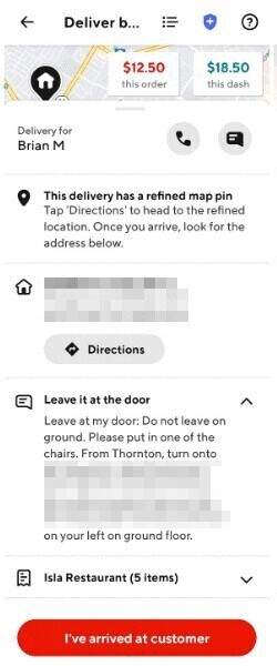 doordash screenshot of detailed instructions for a drop off at an apartment complex