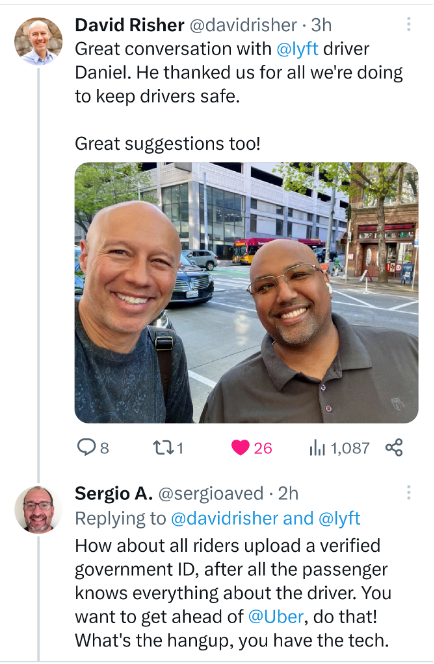 Sergio tweets with lyft ceo