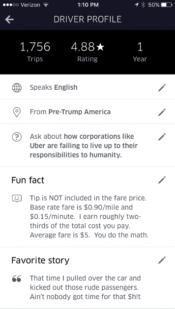 bad example of an Uber driver profile