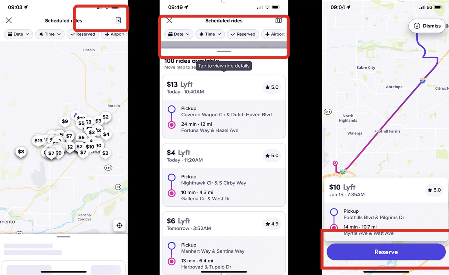 Lyft Scheduled Rides Map and List View