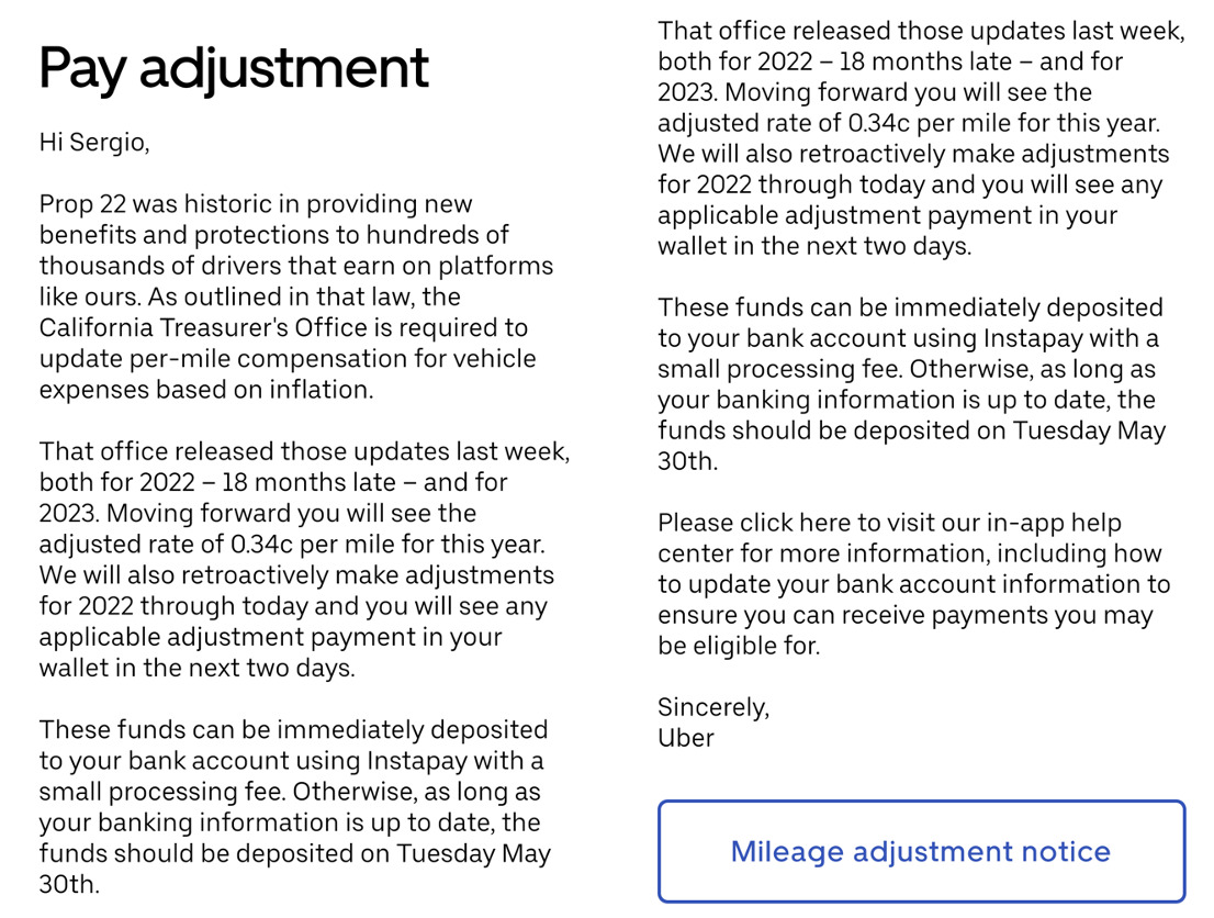 uber email about mileage adjustment