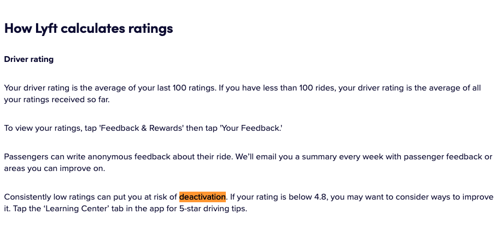 From Lyft's website, 4.8 is a warning sign for deactivation.