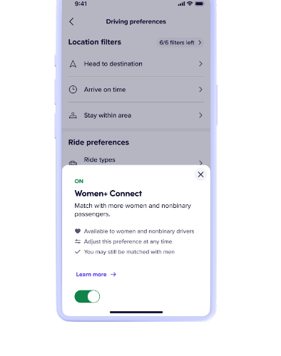 Lyft Women+ Connect Driver Preferences Selection