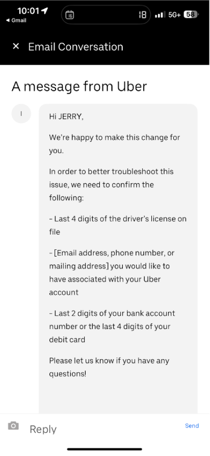 Email conversation from Uber