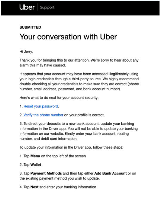 Uber support email